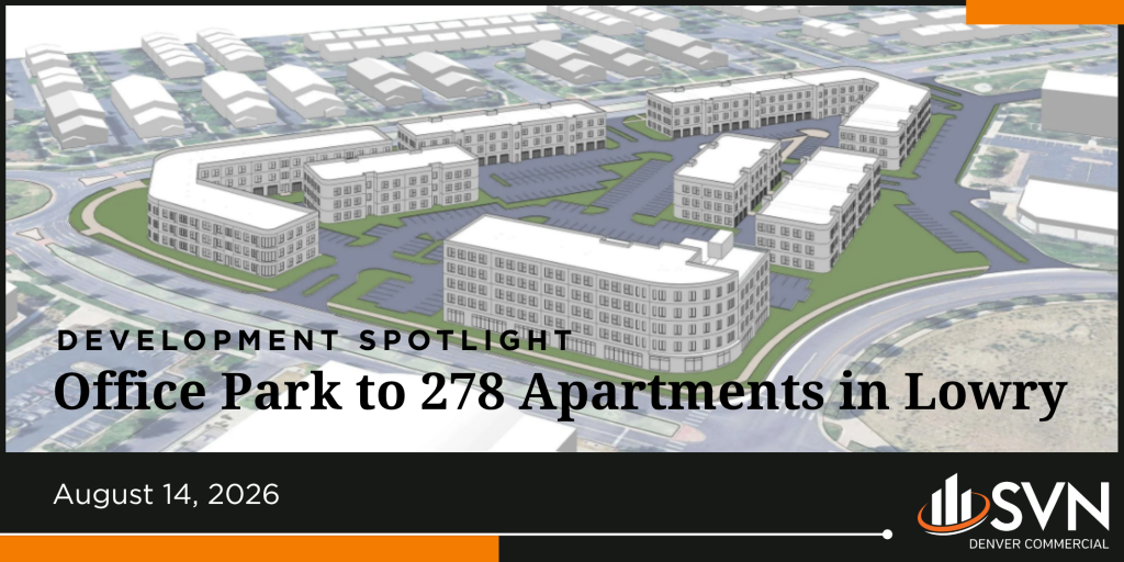 Aerial rendering of the 278-unit apartment redevelopment at the former office park in Lowry, Denver
